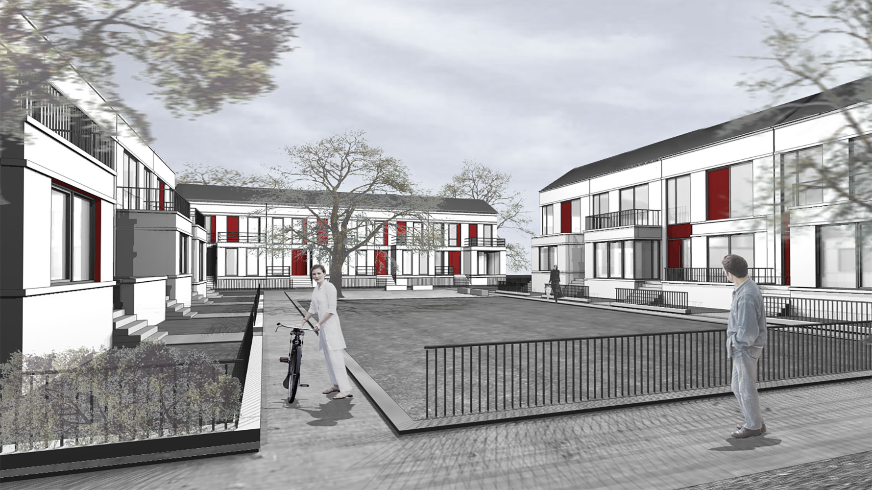 ‚Linden-Quartier‘ – Stadthäuser am Brunnenweg Außenansicht Zeichnung ‚Linden-Quartier‘ – Stadthäuser am Brunnenweg Außenansicht Zeichnung